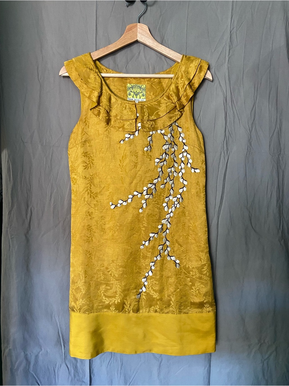 Floreat / Anthropologie Gold Silk Embroidered Shift Dress with Ruffle Collar